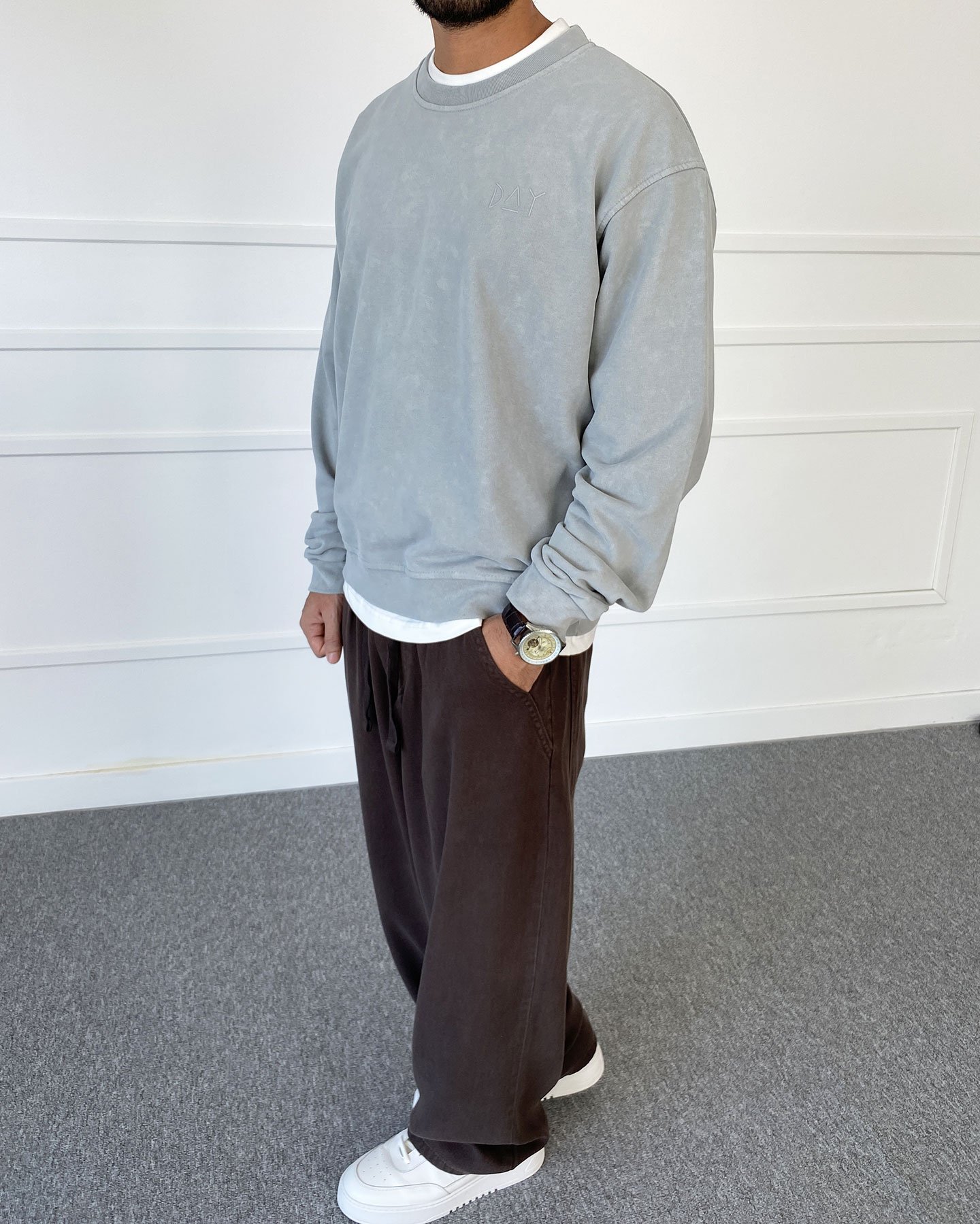 Day Baskılı Yıkamalı Bisiklet Yaka Oversize Sweatshirt Gri