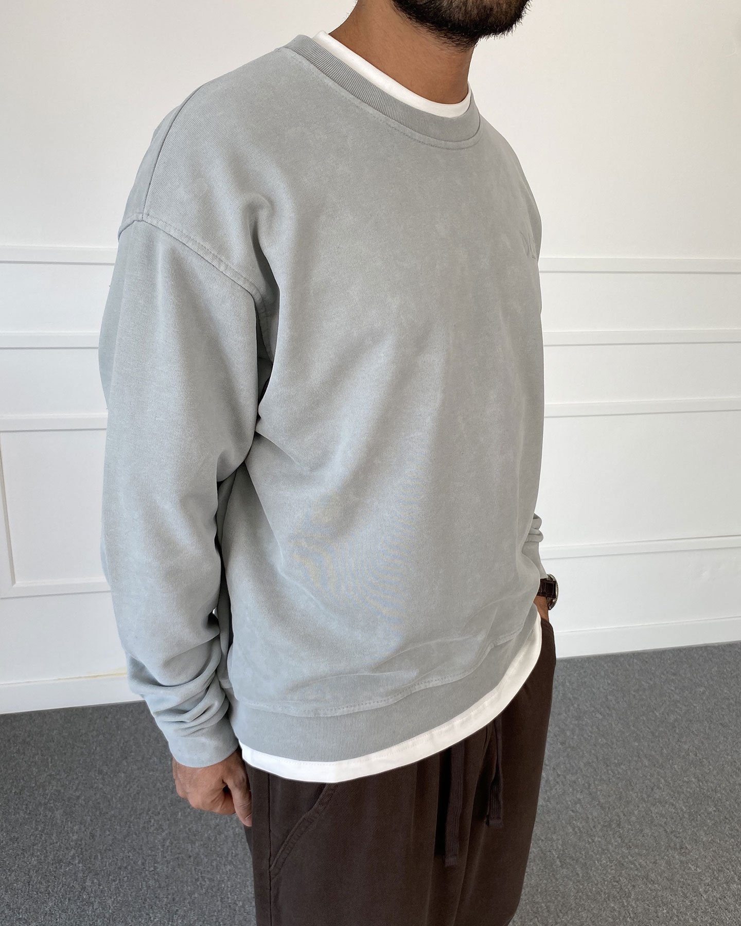 Day Baskılı Yıkamalı Bisiklet Yaka Oversize Sweatshirt Gri
