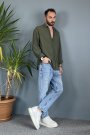 %100 Pamuk Oversize Uzun Kollu Haki Keten Gömlek