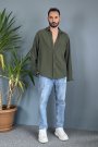 %100 Pamuk Oversize Uzun Kollu Haki Keten Gömlek