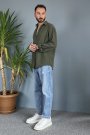%100 Pamuk Oversize Uzun Kollu Haki Keten Gömlek