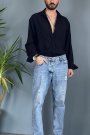 %100 Pamuk Oversize Uzun Kollu Siyah Keten Gömlek