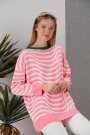 Bisiklet Yaka Oversize Beyaz Çizgili Pembe Triko Kazak