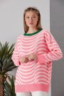 Bisiklet Yaka Oversize Beyaz Çizgili Pembe Triko Kazak