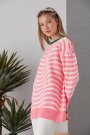Bisiklet Yaka Oversize Beyaz Çizgili Pembe Triko Kazak