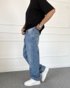 C Nakışlı Mavi Baggy Kalıp Denim Jean Kot Pantolon