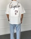 Charlie Chaplin Baskılı Bisiklet Yaka Oversize Beyaz Tişört