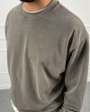 Day Baskılı Yıkamalı Bisiklet Yaka Oversize Sweatshirt Haki