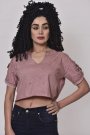 Delikli Tasarım Crop Pudra Tişört