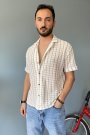 Örgü Çizgili Kısa Kollu Jakarlı Kahverengi Krem Gömlek