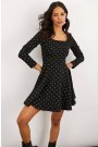 Kare Yaka Puantiyeli Uzun Kol Dar Kalıp Siyah Elbise