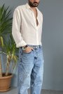Keten Görünümlü Oversize Uzun Kollu Beyaz Gömlek