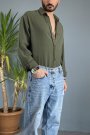 Keten Görünümlü Oversize Uzun Kollu Haki Gömlek