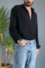 Keten Görünümlü Oversize Uzun Kollu Siyah Gömlek
