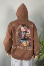 Mona Lisa Baskılı Oversize Cepli Kahverengi Kapüşonlu Sweatshirt