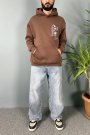 Mona Lisa Baskılı Oversize Cepli Kahverengi Kapüşonlu Sweatshirt