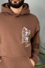 Mona Lisa Baskılı Oversize Cepli Kahverengi Kapüşonlu Sweatshirt