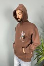 Mona Lisa Baskılı Oversize Cepli Kahverengi Kapüşonlu Sweatshirt