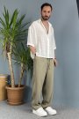 Nakışlı Oversize Asimetrik Kesim Kısa Kollu Gömlek Ekru