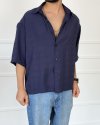 Nakışlı Oversize Asimetrik Kesim Kısa Kollu Gömlek Lacivert