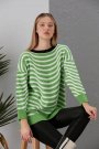 Oversize Bisiklet Yaka Beyaz Çizgili Yeşil Triko Kazak