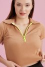 Polo Yaka Neon Fermuarlı Kaşkorse Bluz Kahverengi