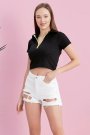 Polo Yaka Neon Fermuarlı Kaşkorse Bluz Siyah Renk