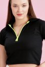 Polo Yaka Neon Fermuarlı Kaşkorse Bluz Siyah Renk
