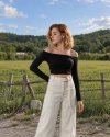 Siyah Kaşkorse Crop Bluz Yanları İp Büzgülü Uzun Kollu