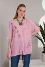 Viskon Kumaş Kuş Çiçek Baskılı Pembe Yazlık Salaş Kadın Bluz