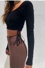 Yanları İp Büzgülü Kaşkorse Siyah Crop Bluz